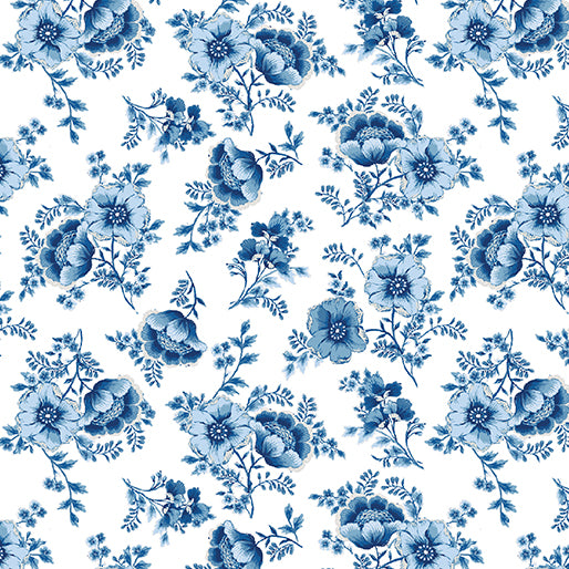 Bluesette Flower White/ Blue ~ Fabric By The Yard / Half Yard/ Fat Quarter