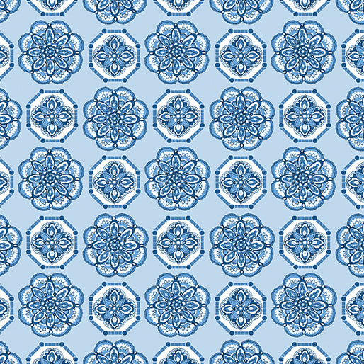 Bluesette Tile Medallion Light Blue ~ Fabric By The Yard / Half Yard/ Fat Quarter