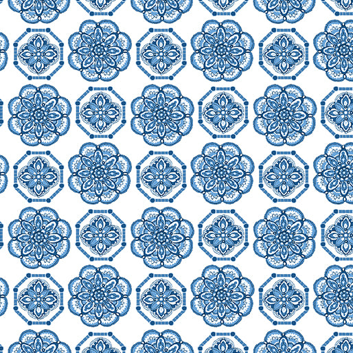 Bluesette Tile Medallion White / Blue ~ Fabric By The Yard / Half Yard/ Fat Quarter