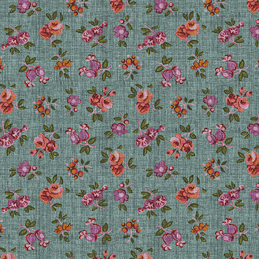 English Autumn Tossed Tiny Floral Teal ~ Fabric By The Yard / Half Yard/ Fat Quarter