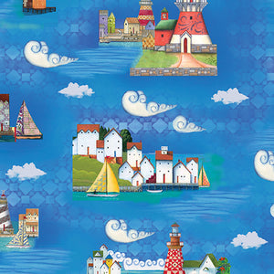 Shorelights Lighthouses Blue ~ Fabric By The Yard / Half Yard/ Fat Quarter