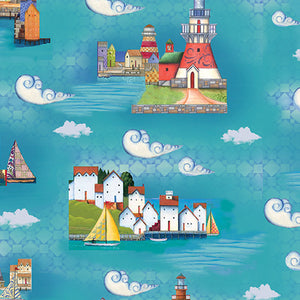 Shorelights Lighthouses Turquoise ~ Fabric By The Yard / Half Yard/ Fat Quarter